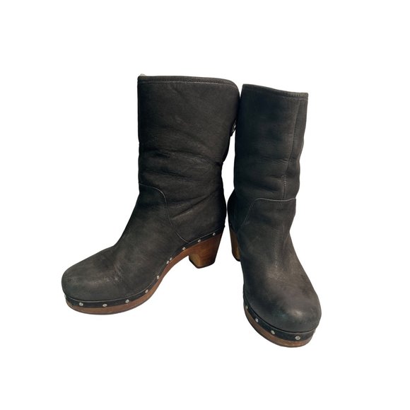 UGG Womens MOUTON Boot Roll Top BLACK Leather Heels Boots 3207 Size 6 - Picture 4 of 12